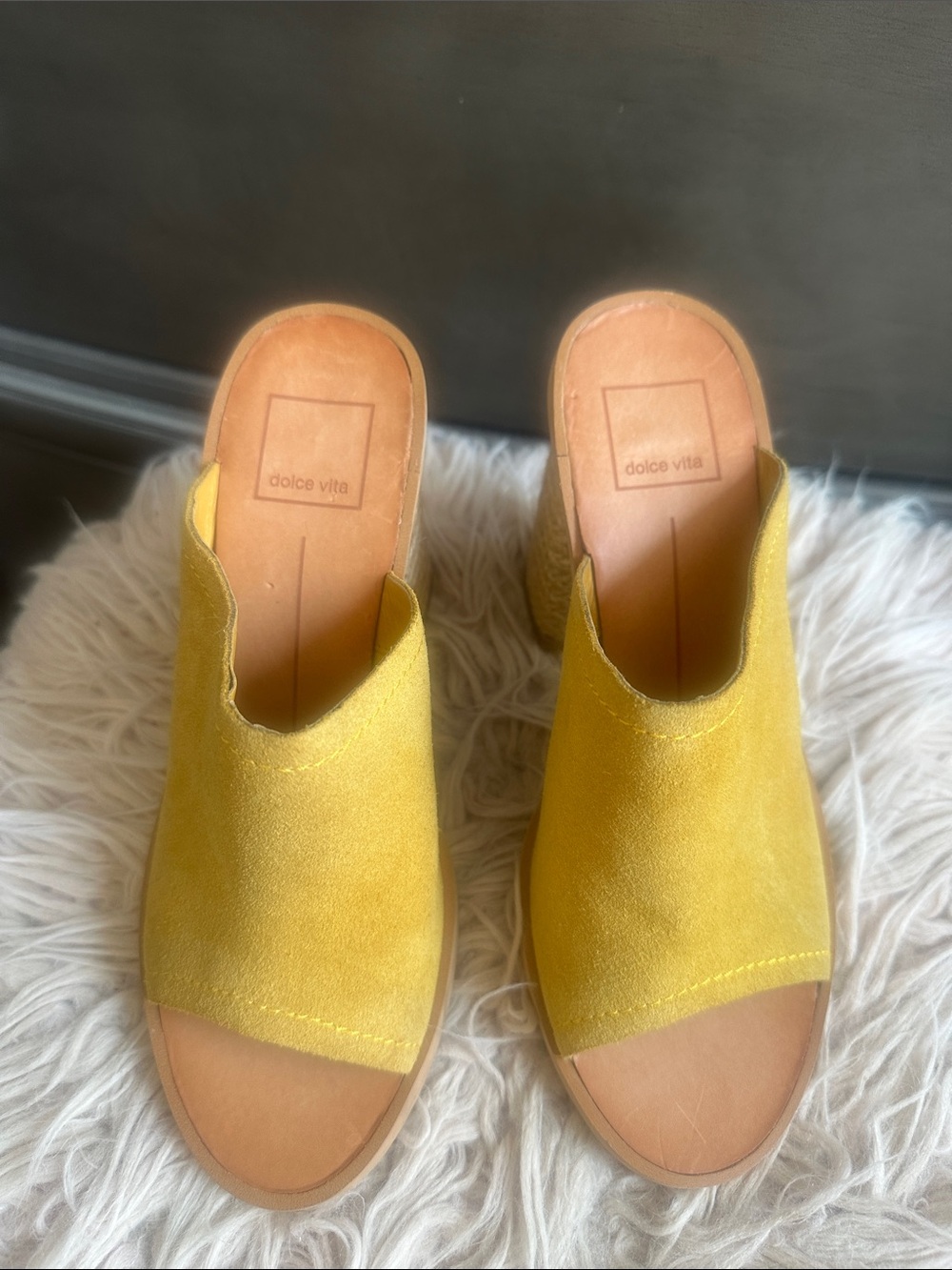 Dolce Vita Women's Yellow Suede Open-Toe Mules with Block Heel